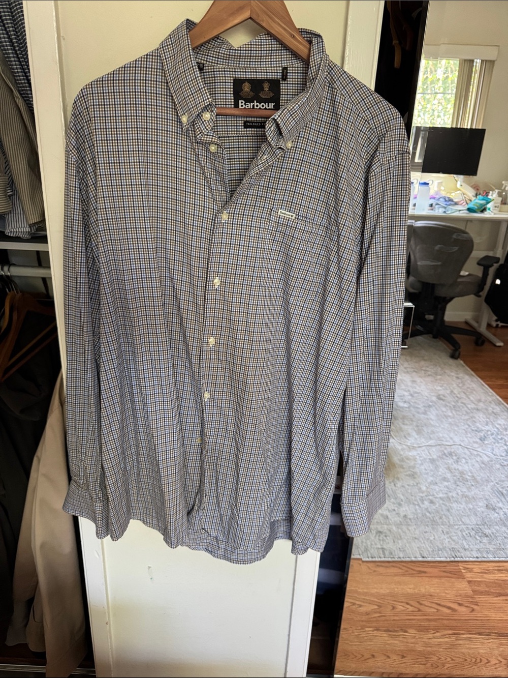 Barbour Men's Blue and White Micro-Check Button-Down Shirt